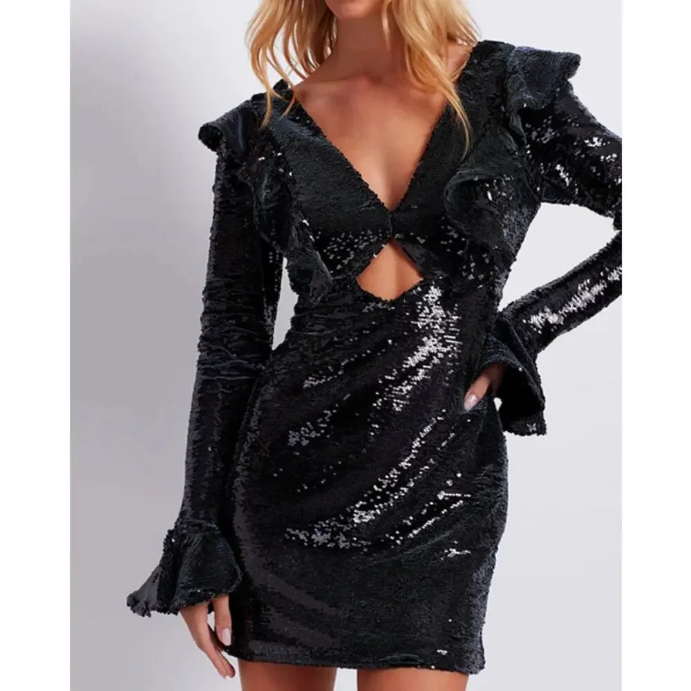 black satin cut out mini dress Black Satin Mesh Boned Bustier Cut Out Ruched Dress Medium main image 0